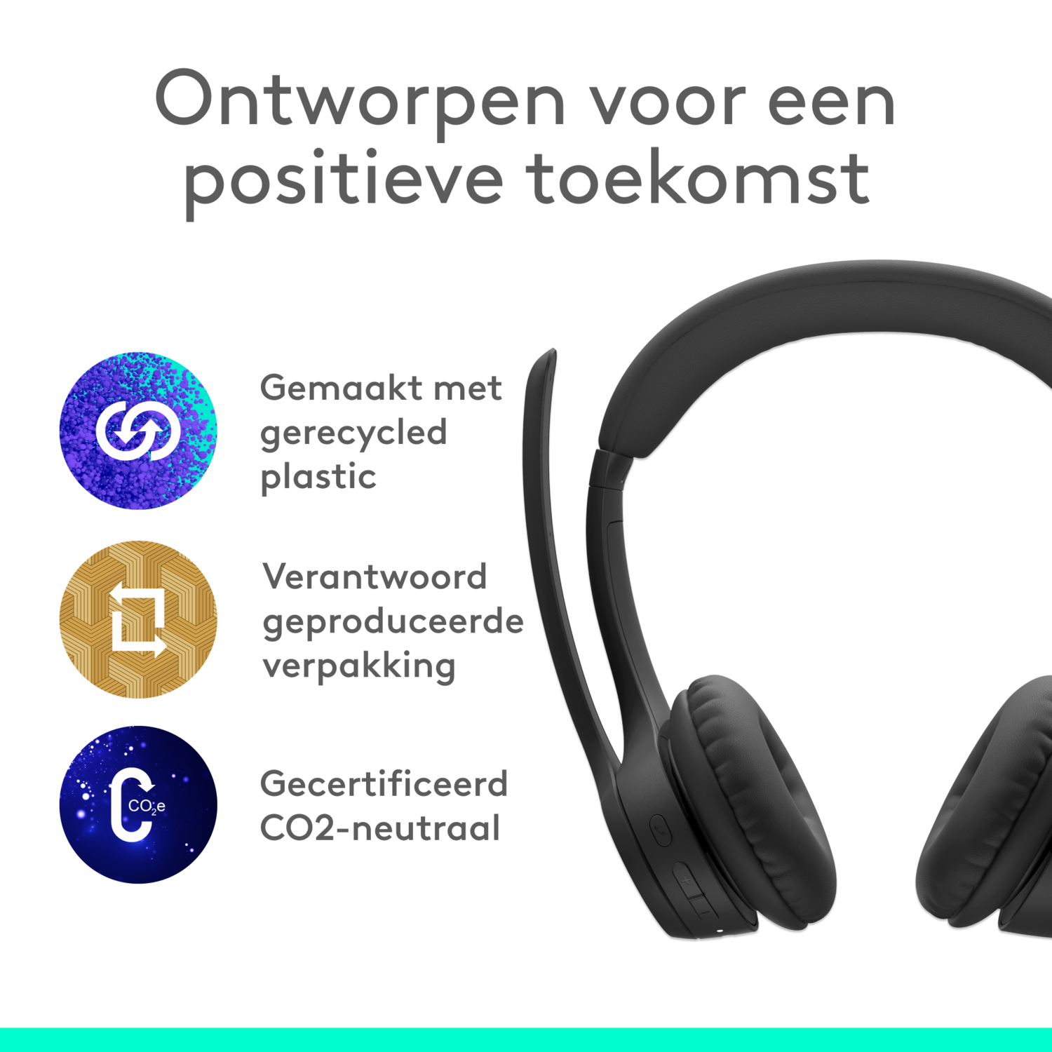 Black headphones with a logo and information about recycled plastic, packaging, and CO2 neutrality.