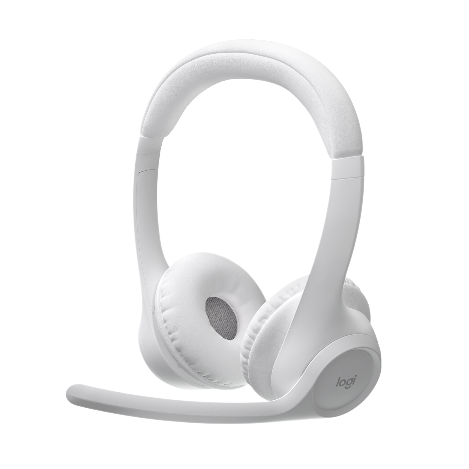 White Logitech headset with a microphone. The headset has a band and two earcups.