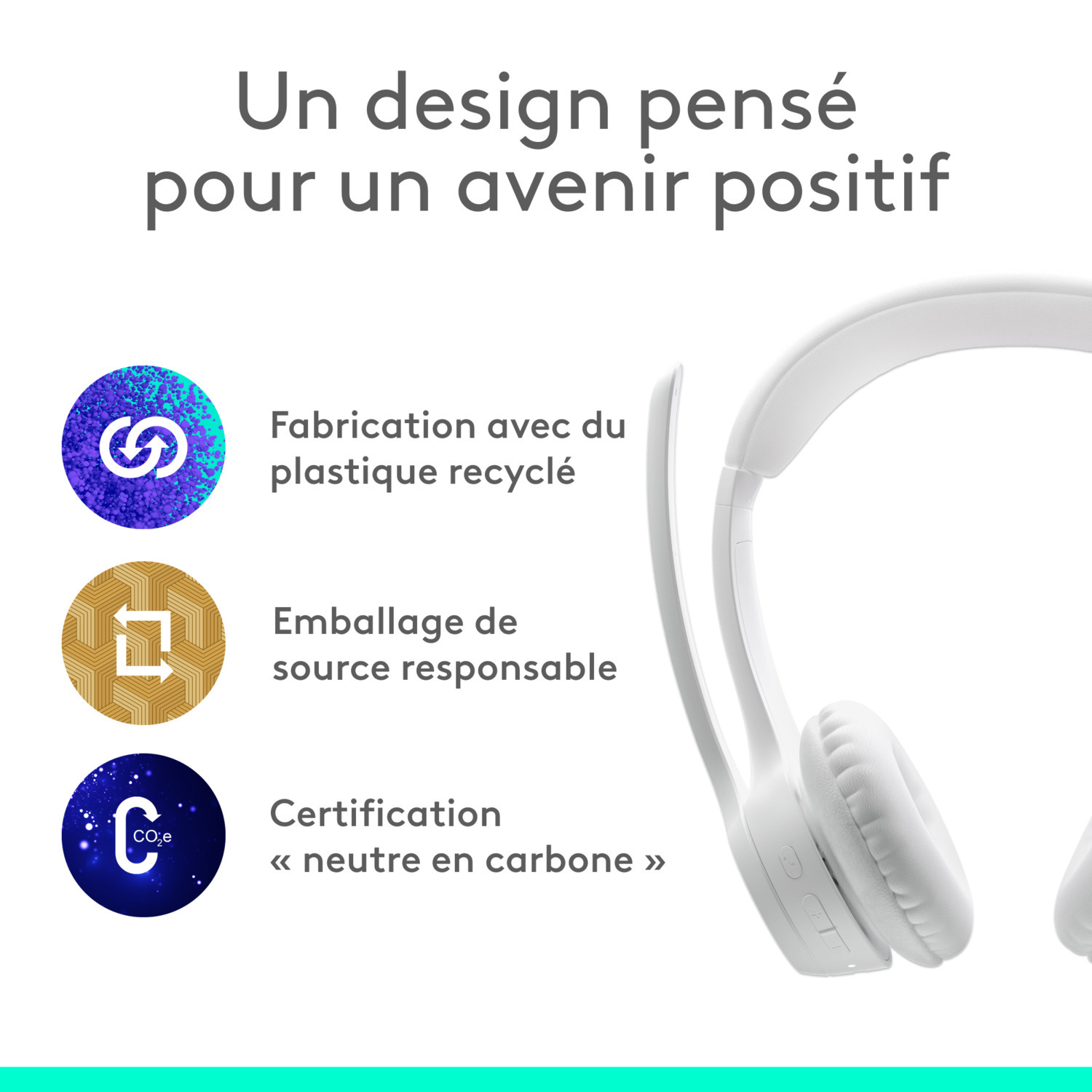 Image montre un casque blanc et trois puces listant les caractéristiques et avantages.