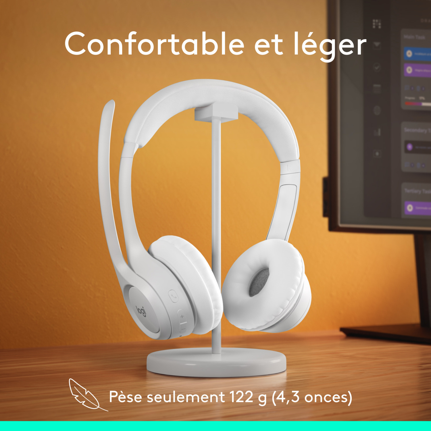 Casque blanc sur un support, fond orange. Le texte dit : Confortable et léger.