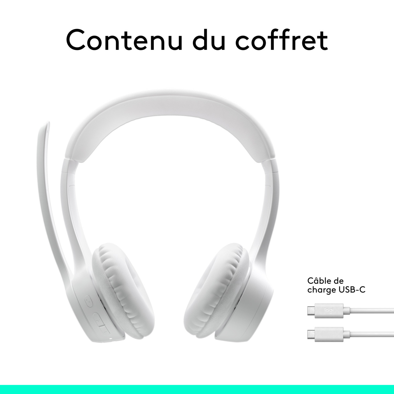 Casque blanc avec câble USB-C. Texte: "Contenu du coffret" et "Câble de charge USB-C".