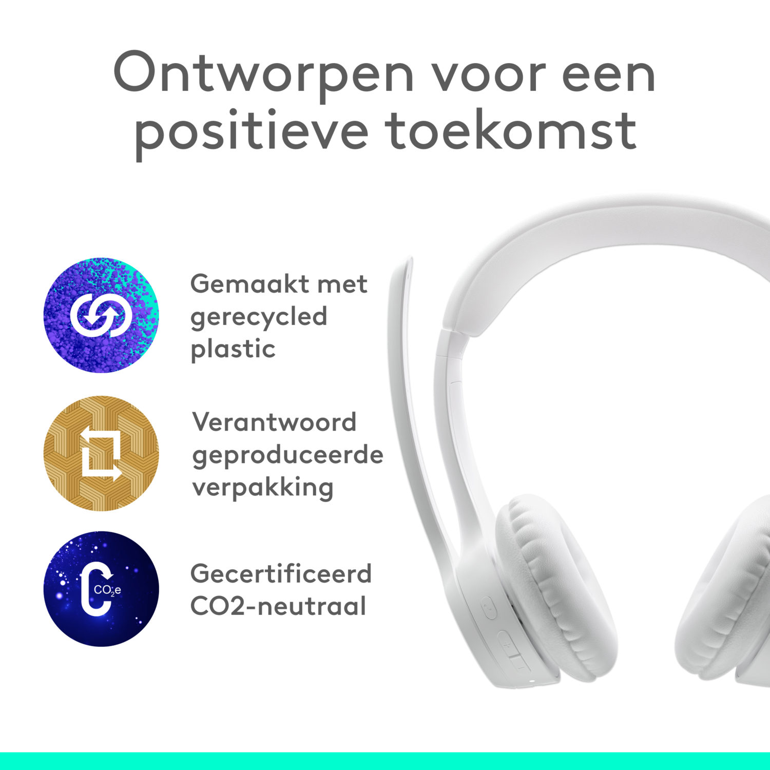 White headphones and icons with text promoting recycled plastic, responsible packaging, and carbon neutrality.