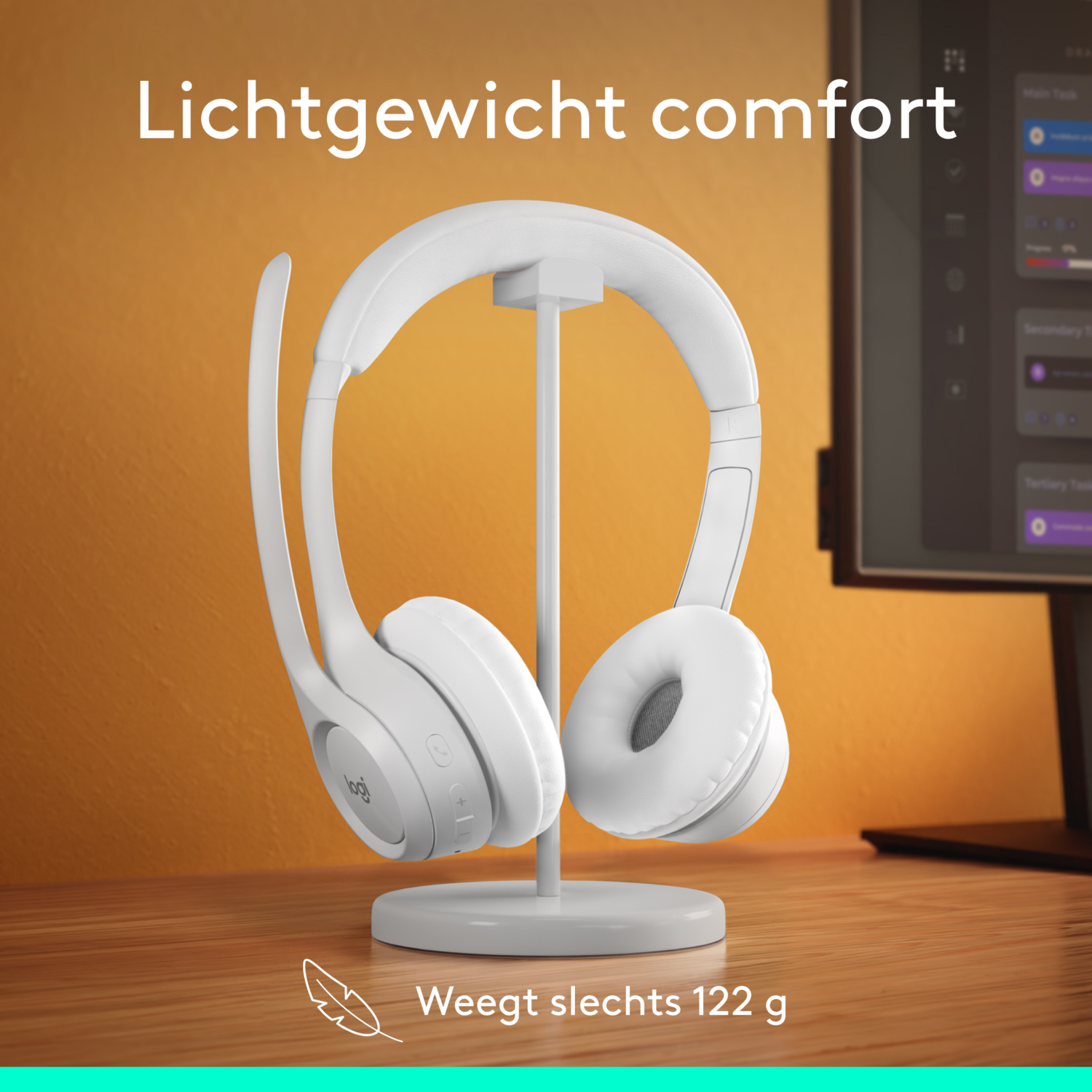 White headphones on a stand, with text 'Lightweight comfort' and 'Weegt slechts 122 g'.