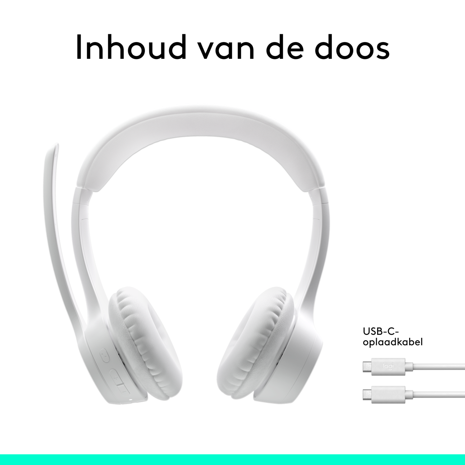 White headset and USB-C cable on white background. Text: 'Contents of the box'.