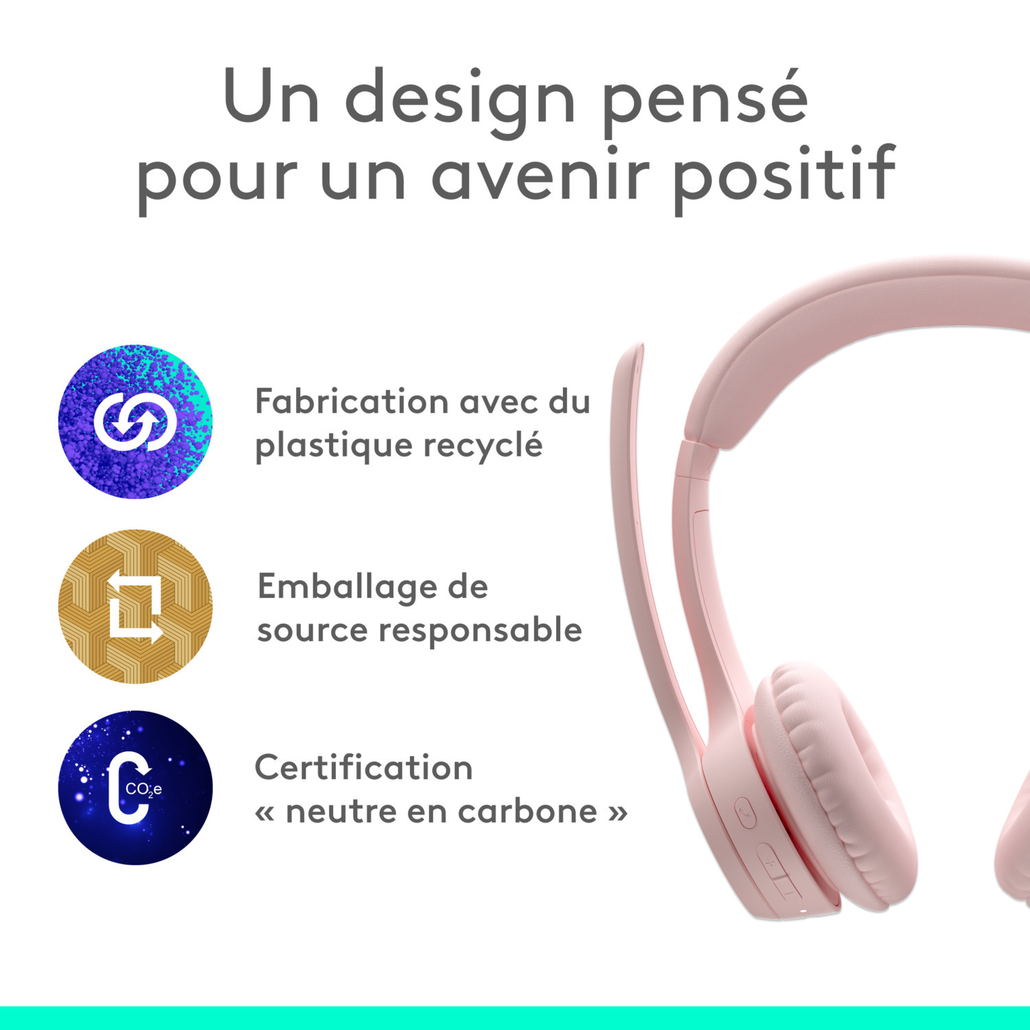 Casque rose avec du texte sur le plastique recyclé et la neutralité carbone.