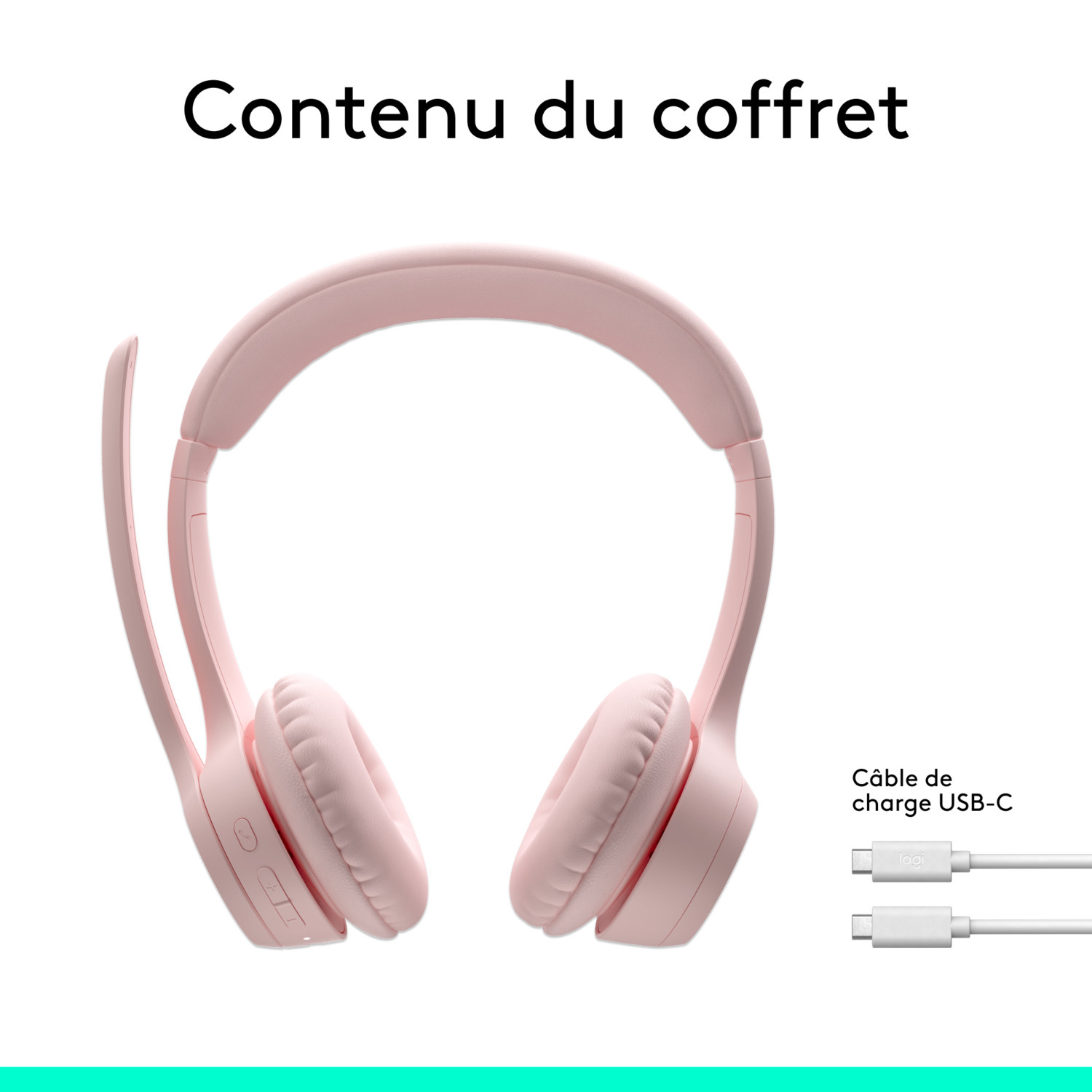 Casque rose avec microphone et câble de chargement USB-C, sur fond blanc.