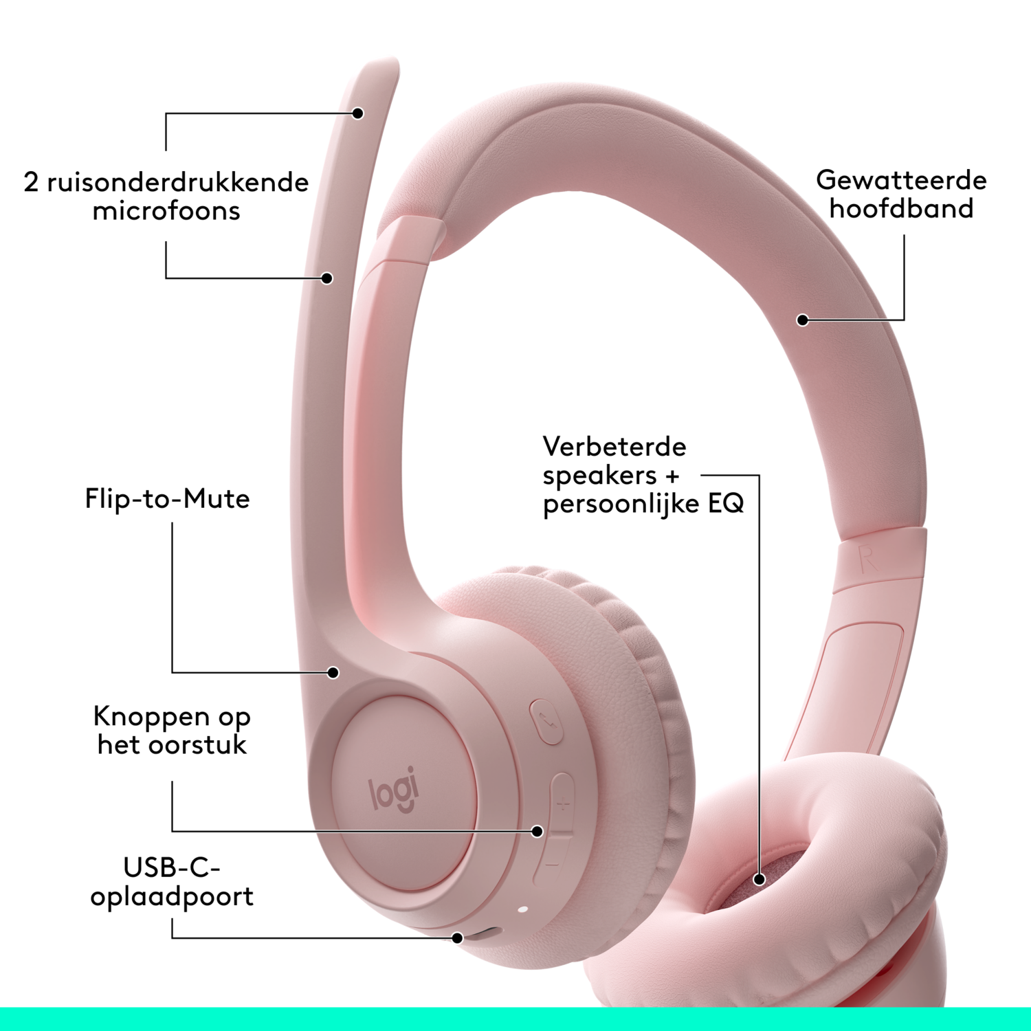 Pink headphones with labels. Including: mute, charging port, mic, and speakers.