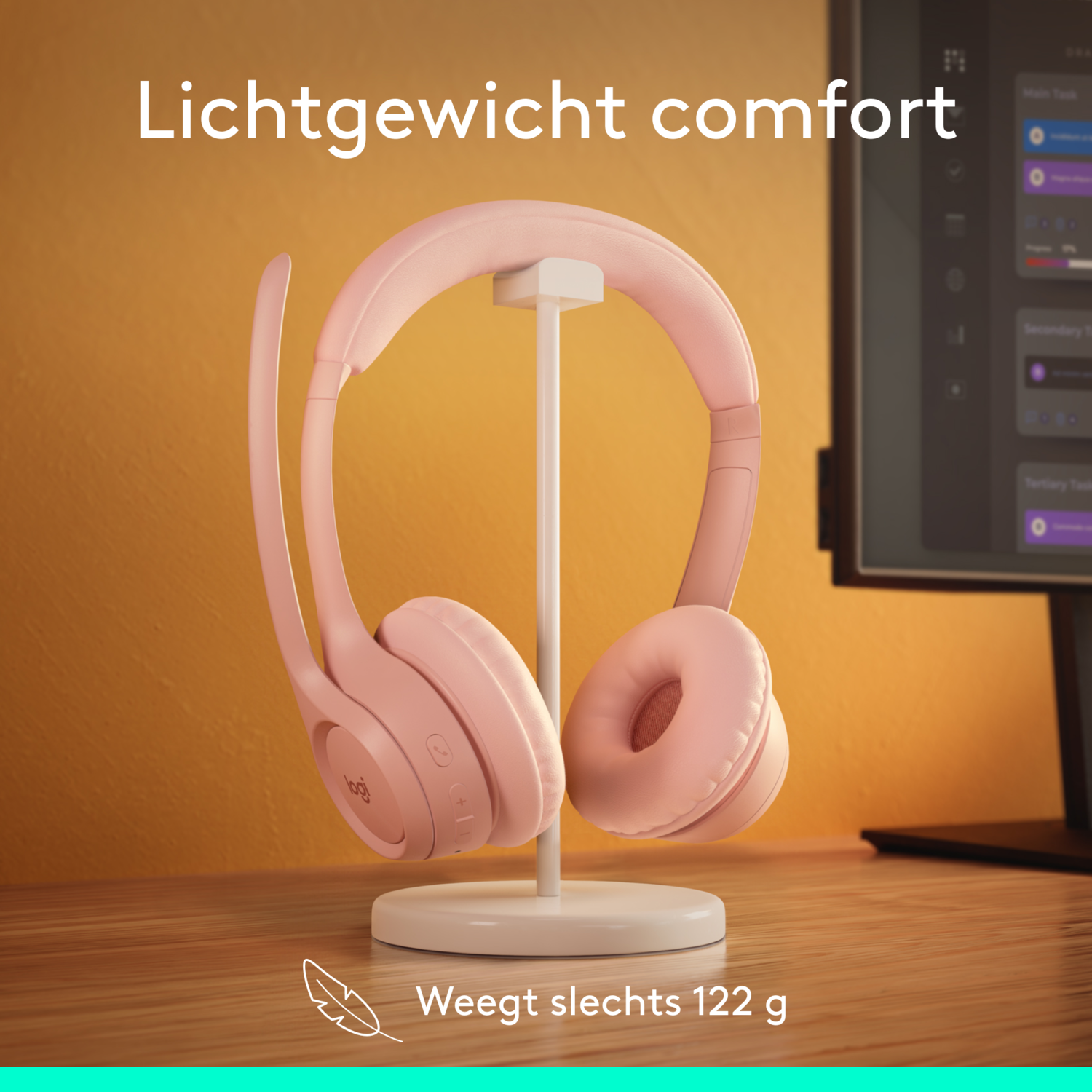 Pink headphones on a white stand, with an orange background, text overlay.