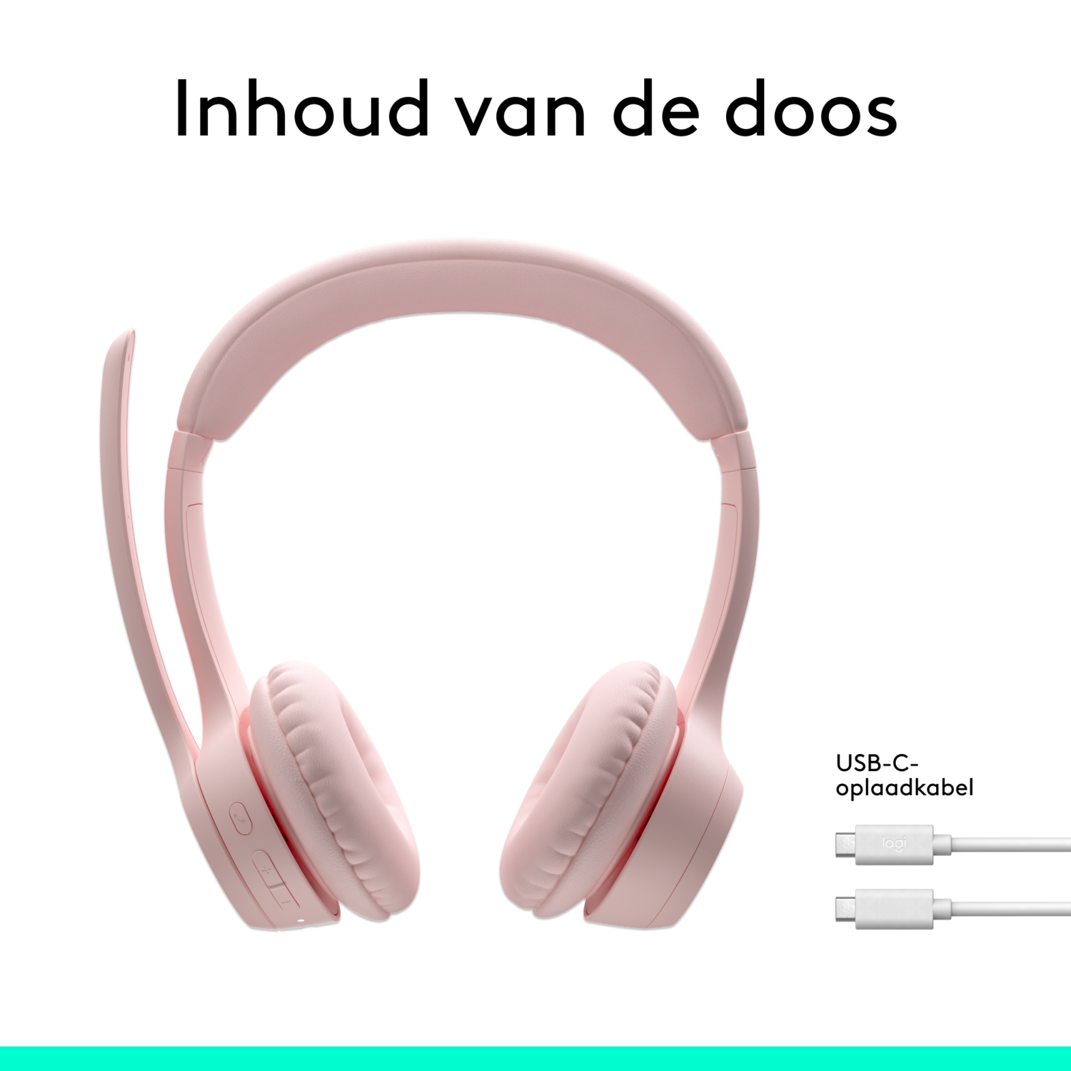 Pink Logitech headset with a microphone and a USB-C charging cable.