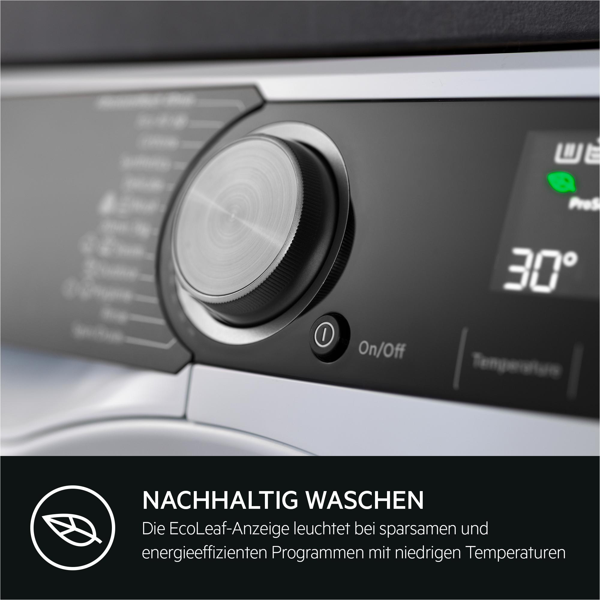 Waschmaschinen-Bedienfeld mit Text. Es hat ein Zifferblatt und einen Ein-/Aus-Schalter.