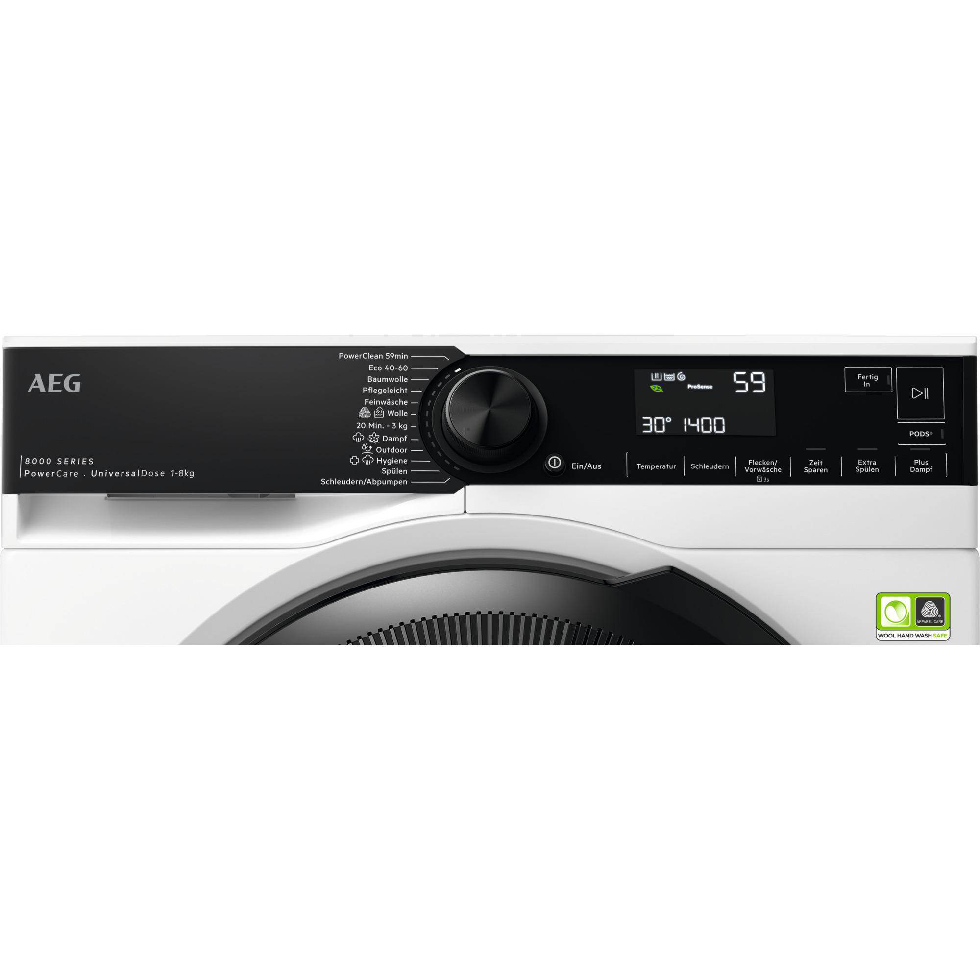 Weißes Bedienfeld der AEG-Waschmaschine. Es hat ein Display, einen Drehregler und Tasten für Einstellungen.