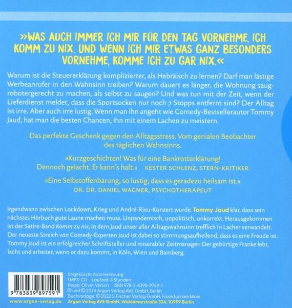 Ein Buchcover mit Text über Tommy Jauds Hörbuch 'Komm zu nix' und einem Barcode.