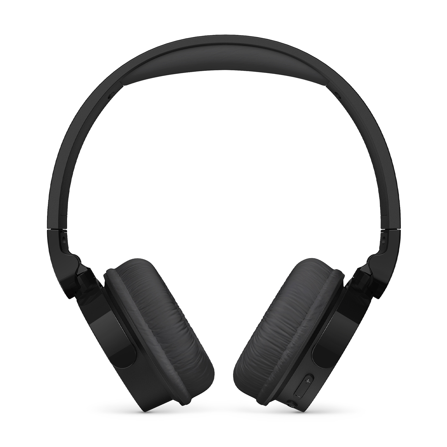 Un paio di cuffie nere, distese su uno sfondo bianco.