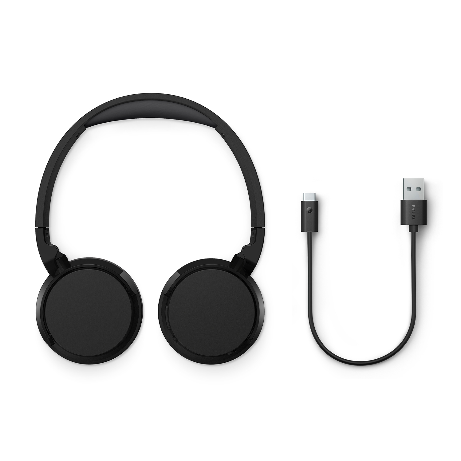 Cuffie nere, padiglioni circolari, con cavo USB-C e connettore USB.