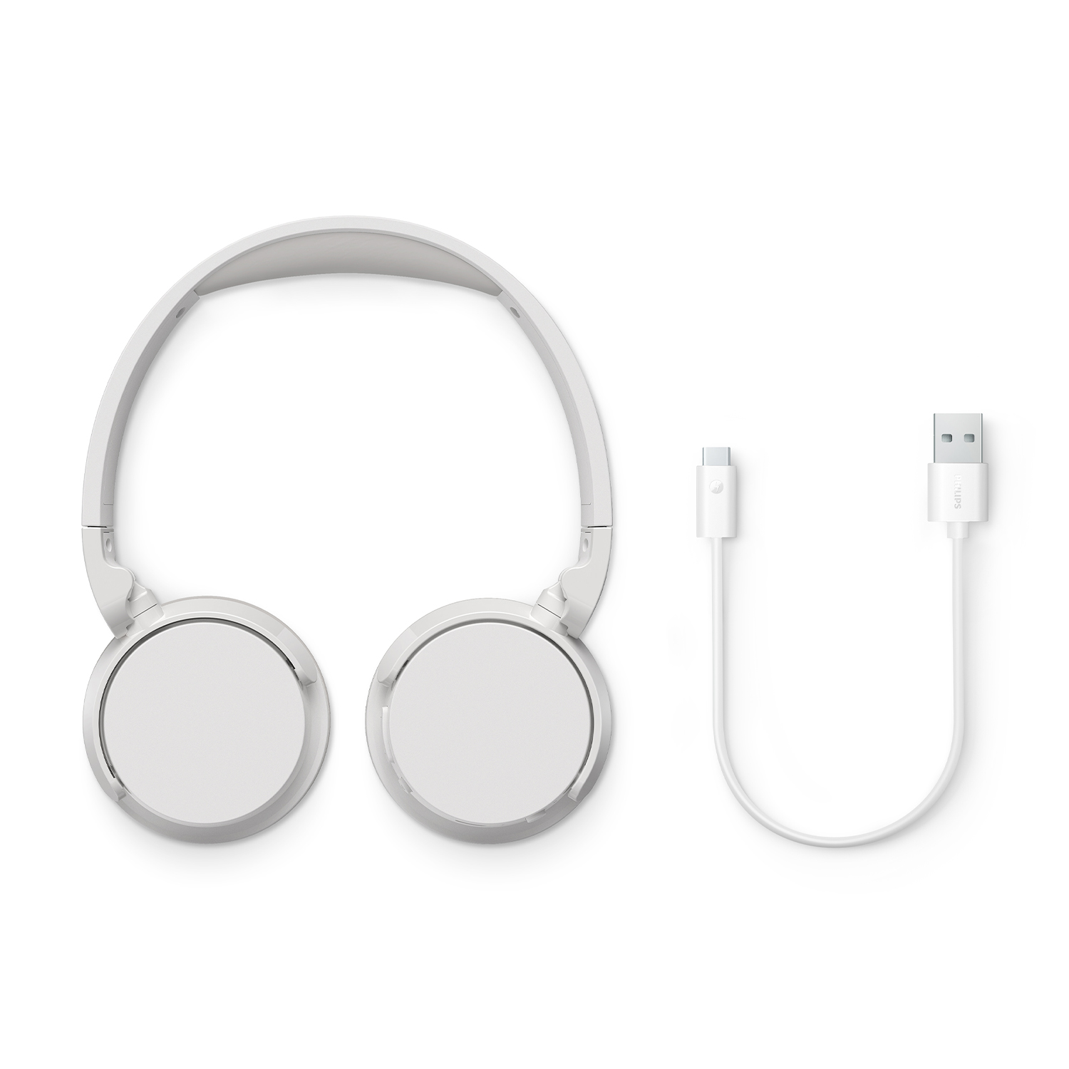 Cuffie bianche con un cavo USB-C bianco. Le cuffie sono su uno sfondo bianco.