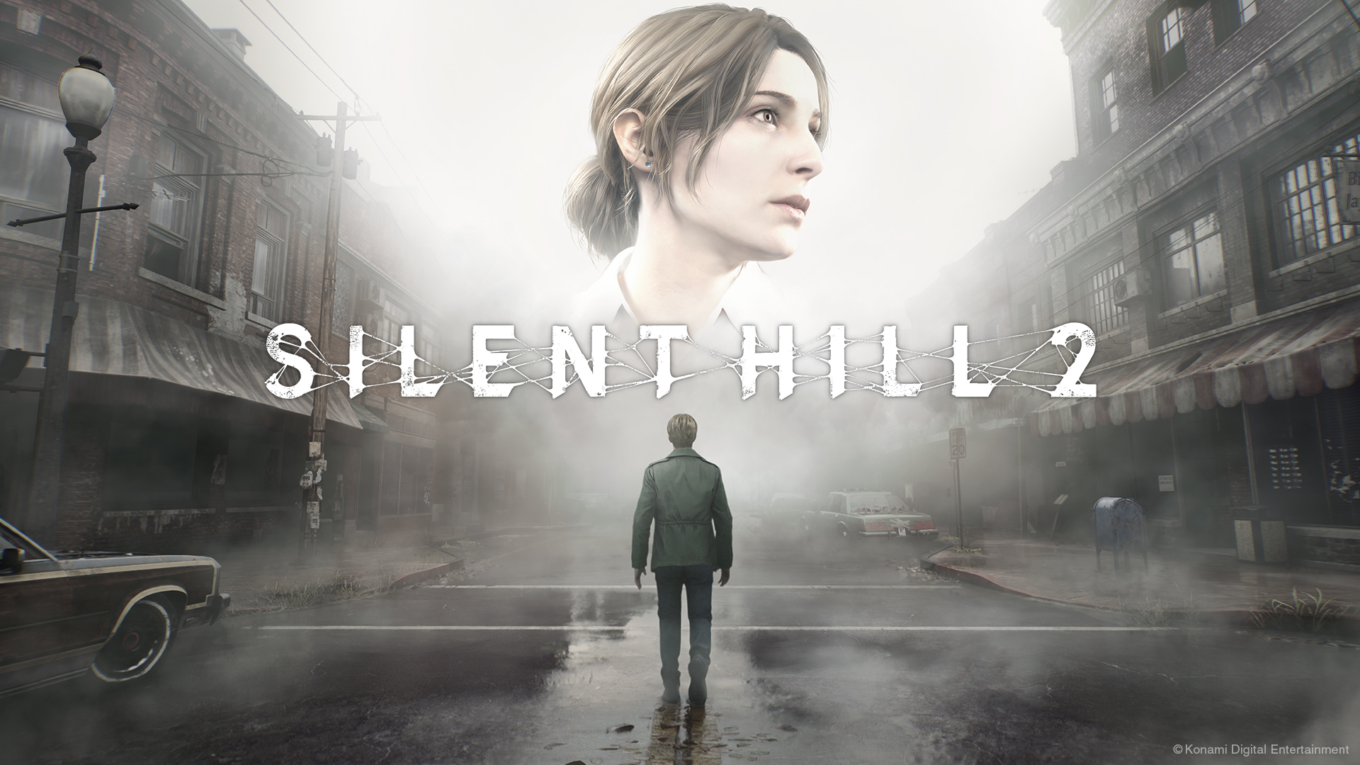Obraz ulicy z tekstem "SILENT HILL 2" i twarzą kobiety.