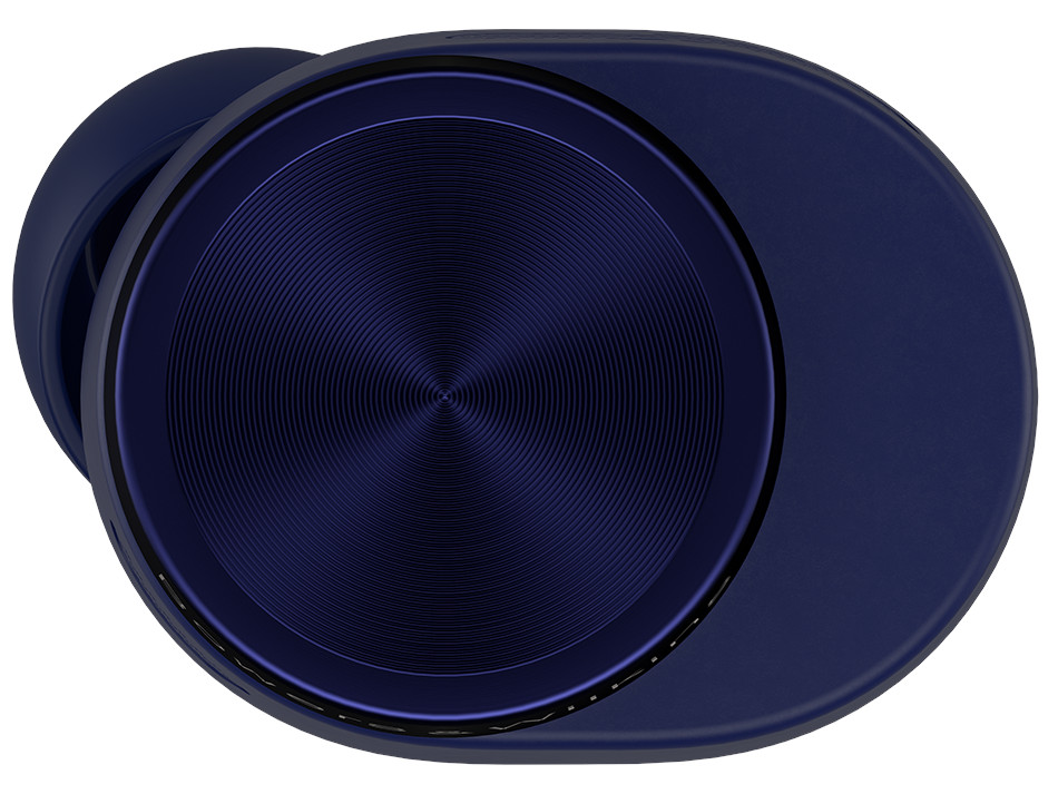 Zbliżenie ciemnoniebieskich bezprzewodowych słuchawek, pokazujące okrągły, metaliczny design.