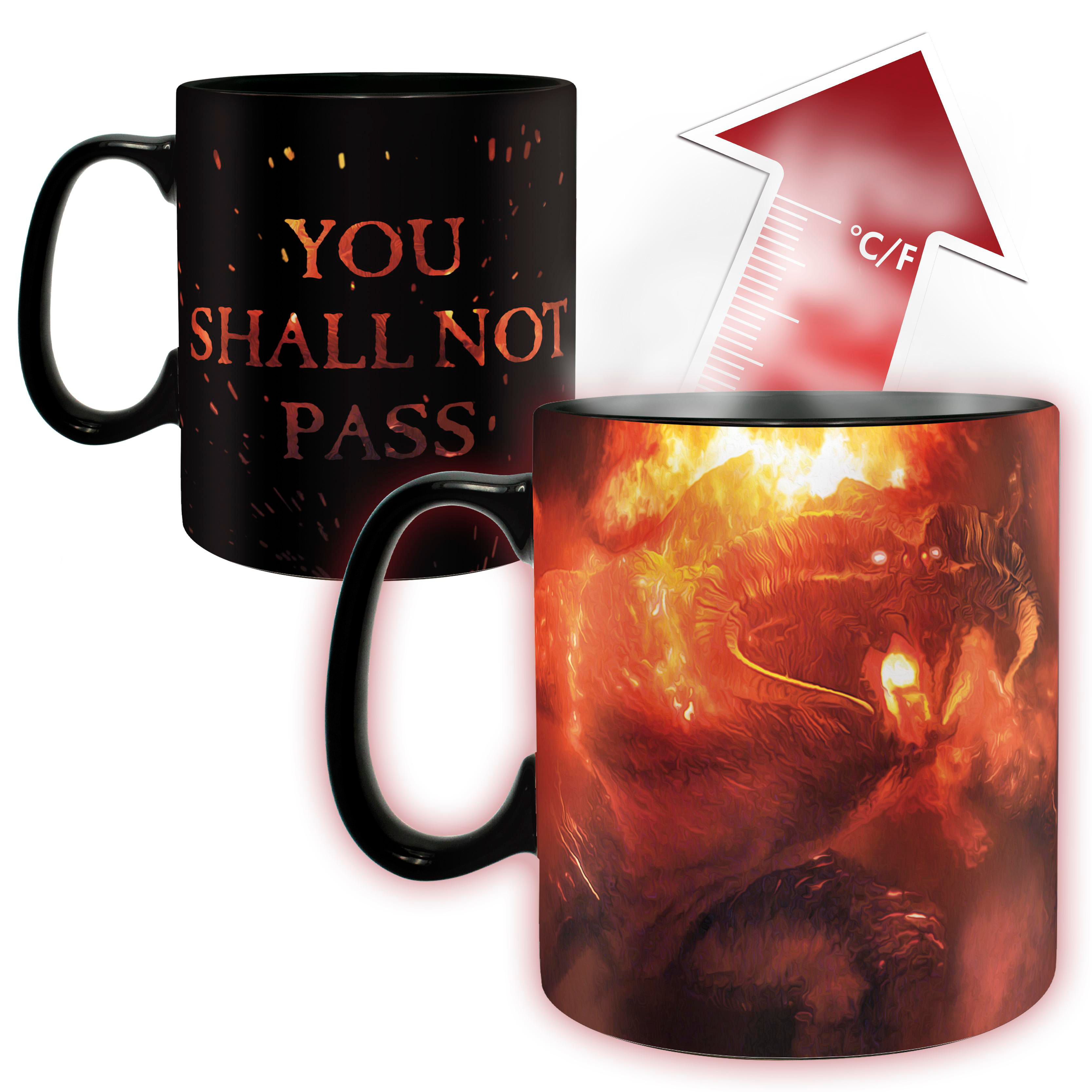 Zwei Tassen mit Bildern, die sich mit Hitze verändern. Eine sagt: 'YOU SHALL NOT PASS'.