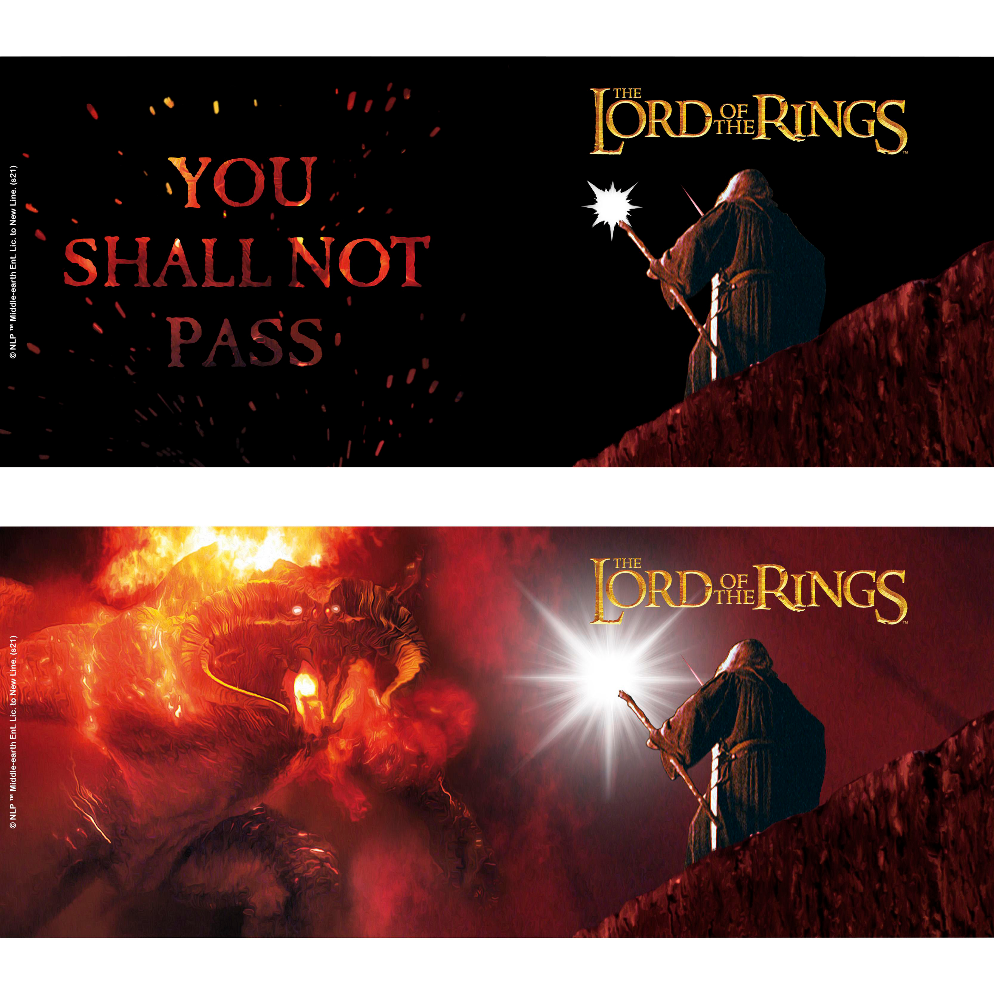 Das Lord of the Rings Banner mit Zauberer und Stab. Text: 'YOU SHALL NOT PASS'.