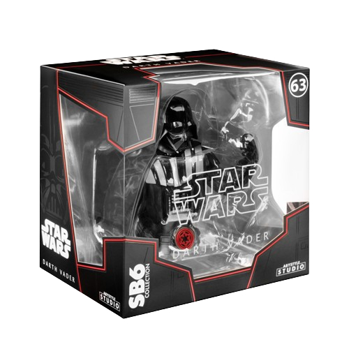 Darth Vader Figur in einer Box. Die Box hat ein Bild von Darth Vader und Star Wars Branding.