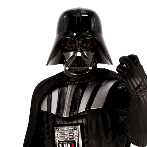 Darth Vader Figur. Schwarzer Helm, Rüstung und Umhang. Weißer Hintergrund.
