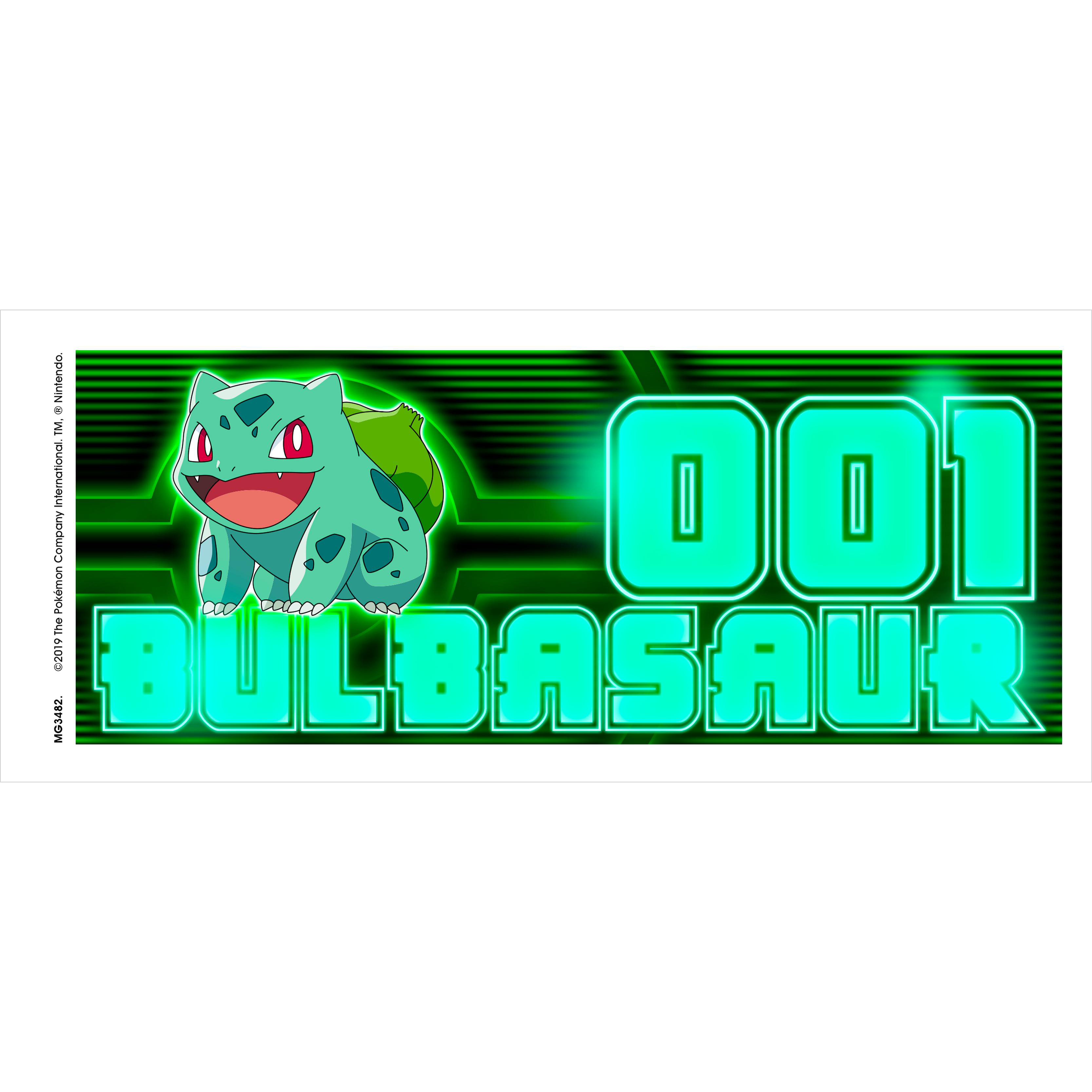 Bulbasaur-Illustration mit '001 BULBASAUR' Text auf grünem Hintergrund.