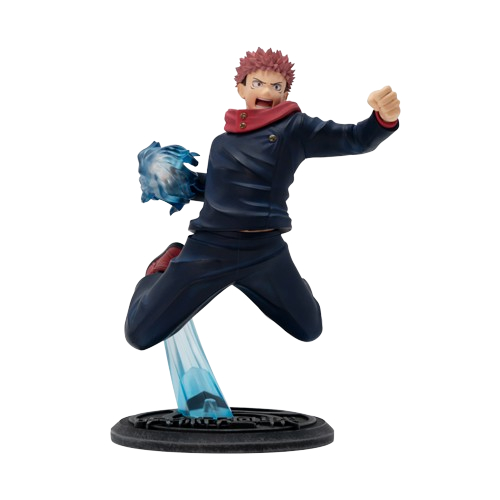 Eine Figur eines Manga-Charakters in dynamischer Pose, die einen blauen Energieball hält.