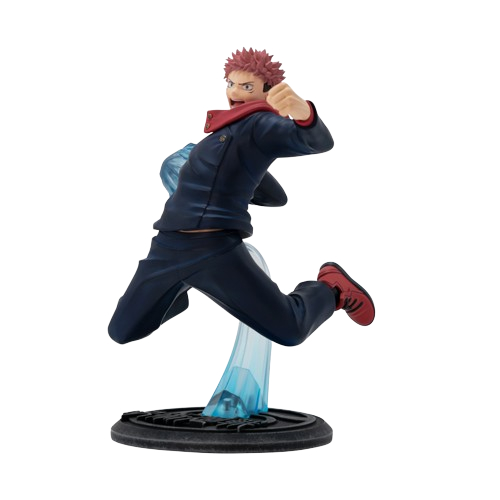 Anime-Figur einer Figur in Actionpose, rotes Haar, blaue Jacke.