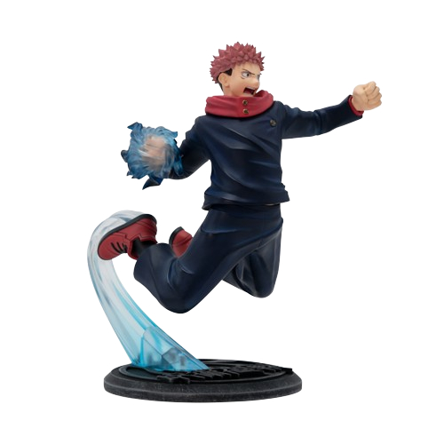 Eine Figur eines Manga-Charakters im Sprung, mit roten Haaren, dunkler Kleidung und blauer Energie.