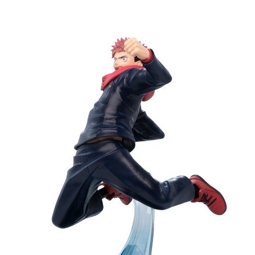 Anime-Figur einer Figur in Aktion, springend, mit rotem Schal und dunkler Uniform.