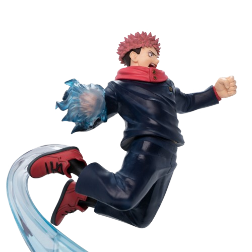 Anime-Figur eines männlichen Charakters in Aktion, mit blauen Energieeffekten und roten Schuhen.