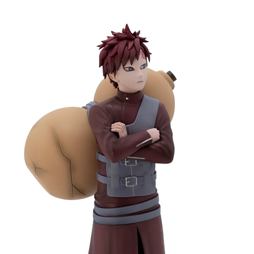 Gaara-Figur aus Naruto, mit roten Haaren, hält eine Sandgurke, blickt zur Seite.
