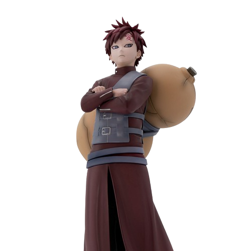 Gaara aus Naruto, in einem weinroten Outfit, steht mit verschränkten Armen und einer großen Sandkürbis auf dem Rücken.