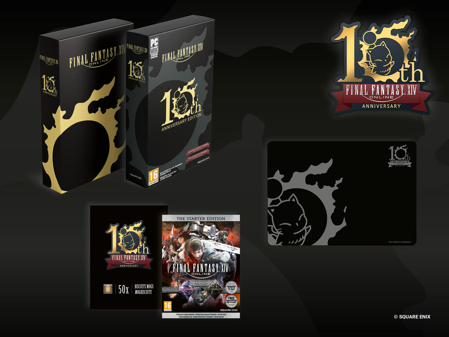 Final Fantasy XIV Spielbox-Set mit mehreren Artikeln. Schwarz-Gold-Design mit Spielelogo und Mauspad.