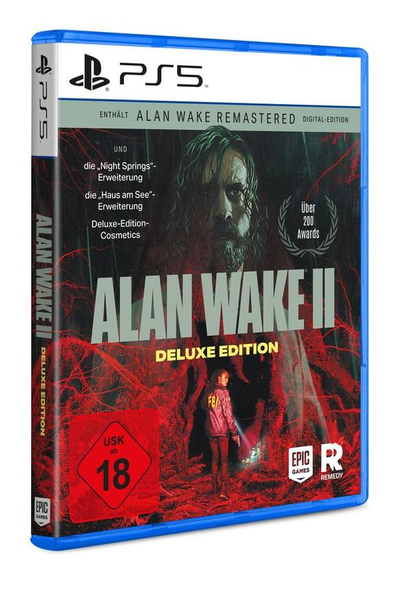 Spielbox für Alan Wake II Deluxe Edition, mit Spielgrafik und einem blauen Gehäuse.