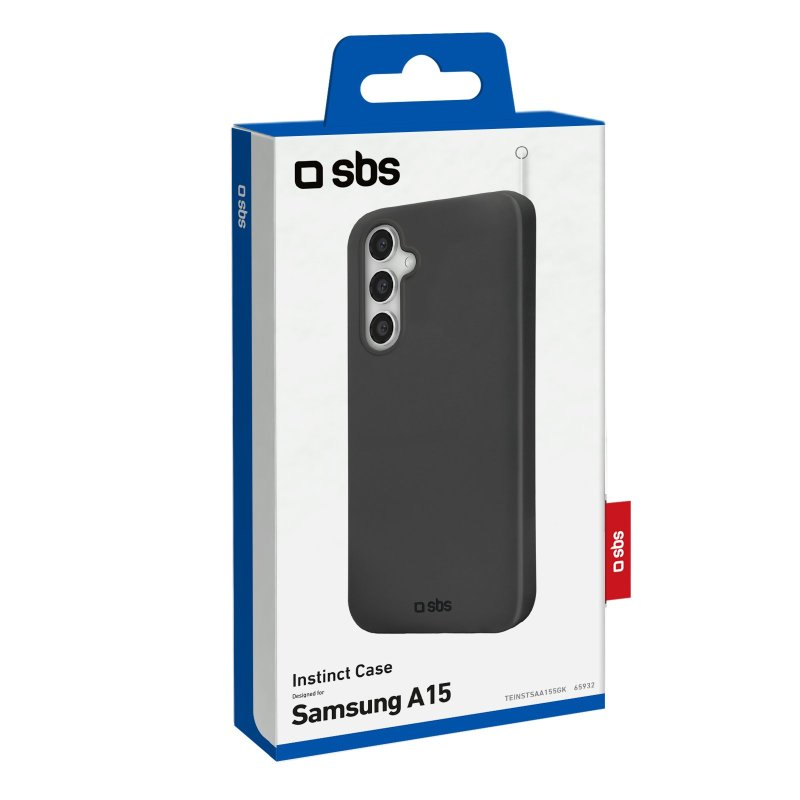 Eine schwarze Handyhülle für ein Samsung A15 in einer weißen Schachtel mit 'sbs'-Logo.