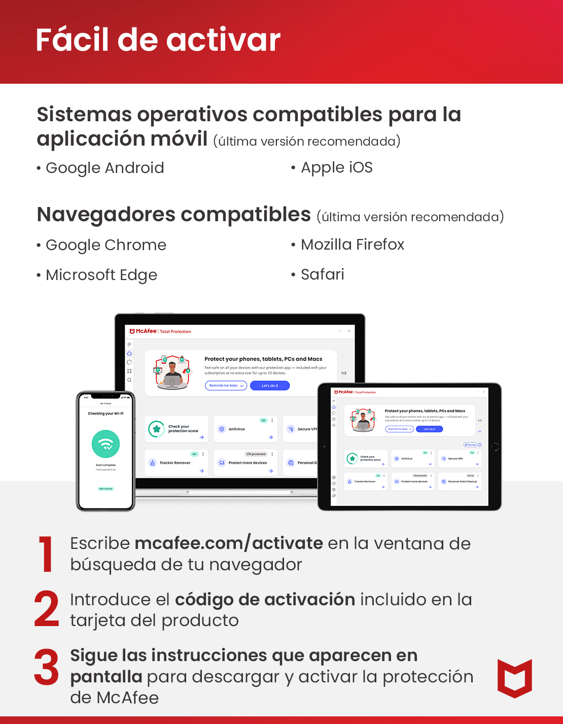 Instrucciones para activar McAfee mostrando una laptop, tablet y smartphone.