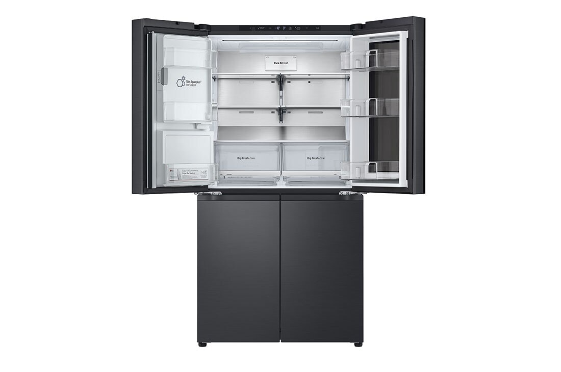 Ein schwarzer Kühlschrank mit offenen Türen, vielen Regalen, Schubladen und einem oben montierten Eisspender.