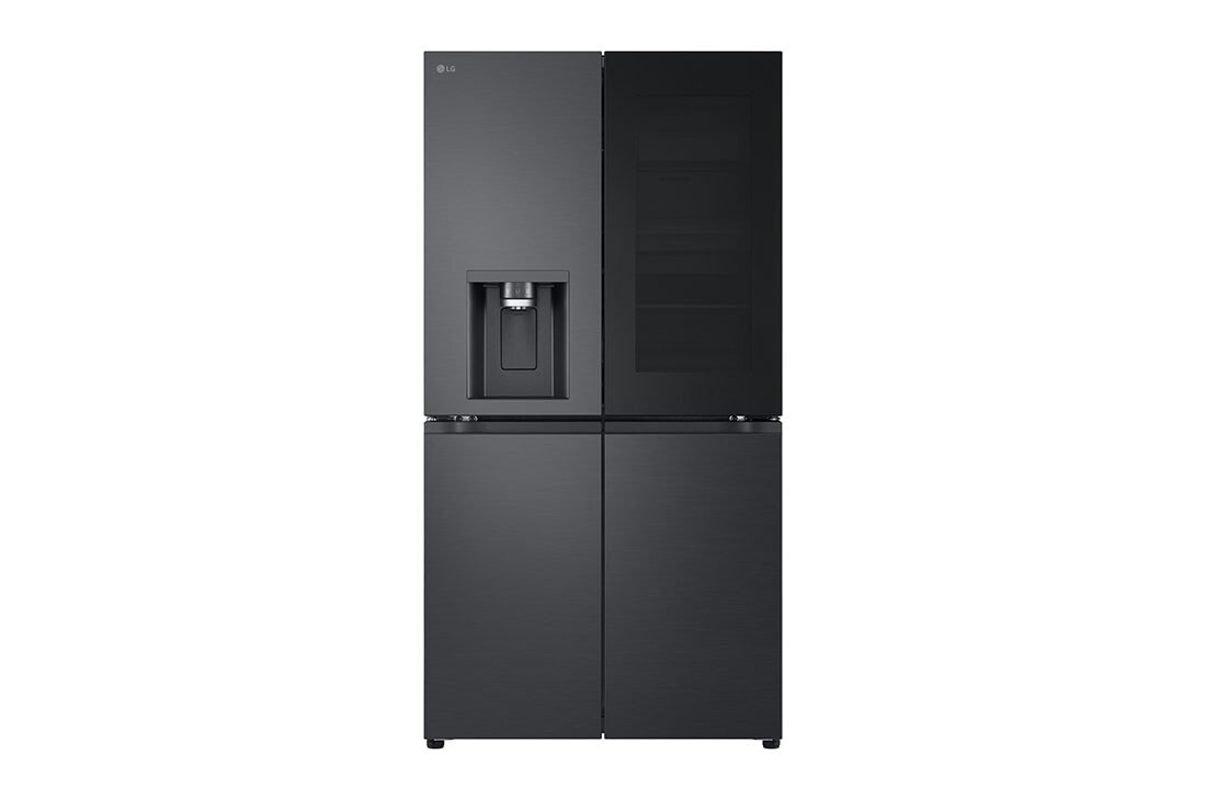 Schwarzer LG-Kühlschrank mit vier Türen. Die obere rechte Tür ist durchsichtig.