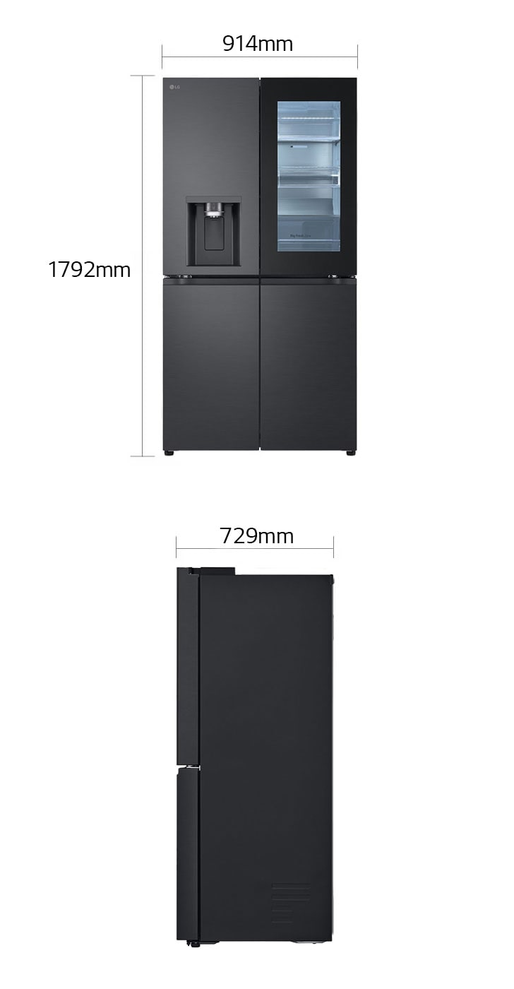 Schwarzer LG Kühlschrank, Maße gezeigt. Draufsicht und Seitenansicht.