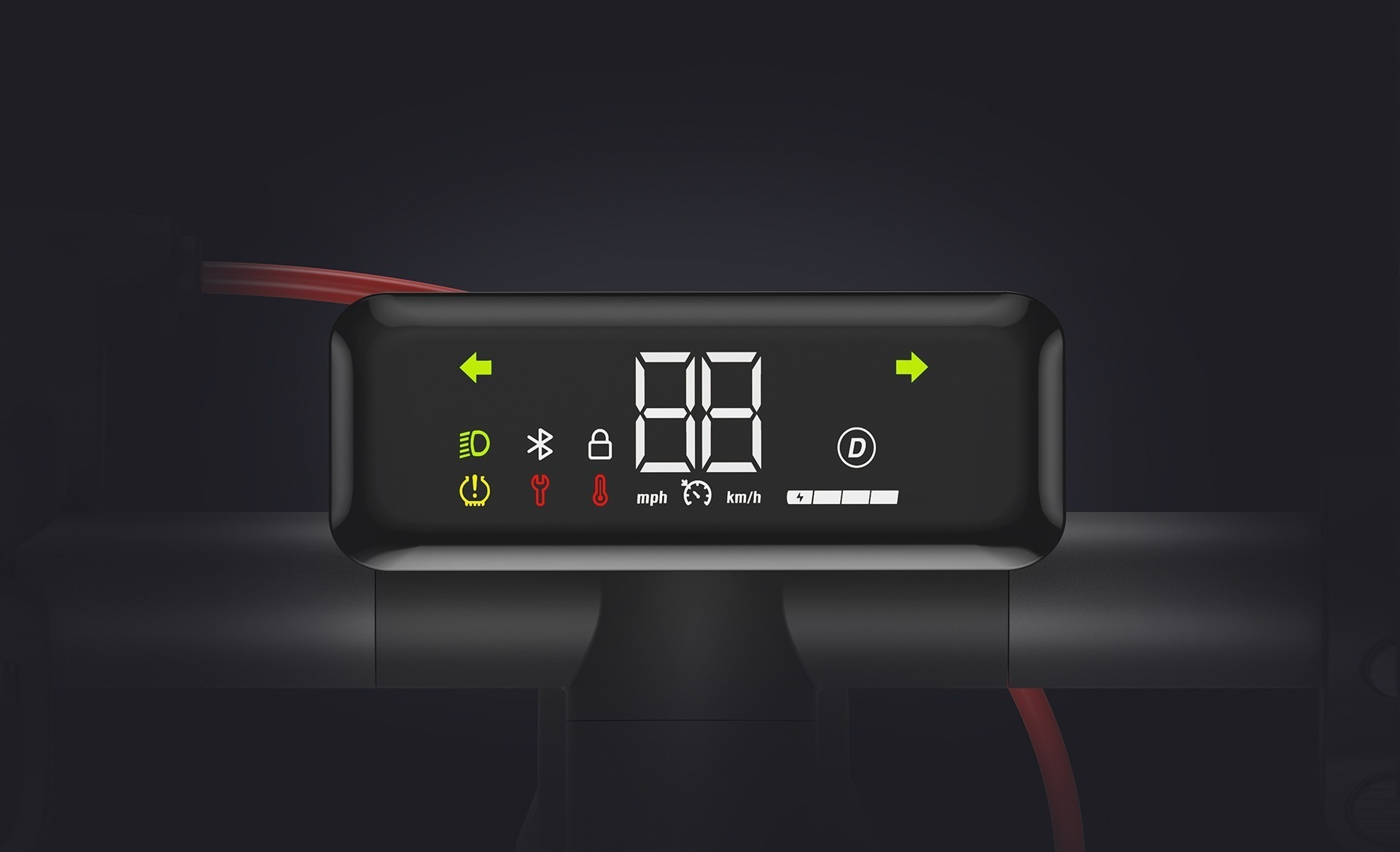 Deska rozdzielcza z wyświetlaczem cyfrowym. Prędkość 88 mph. Obecne inne ikony.