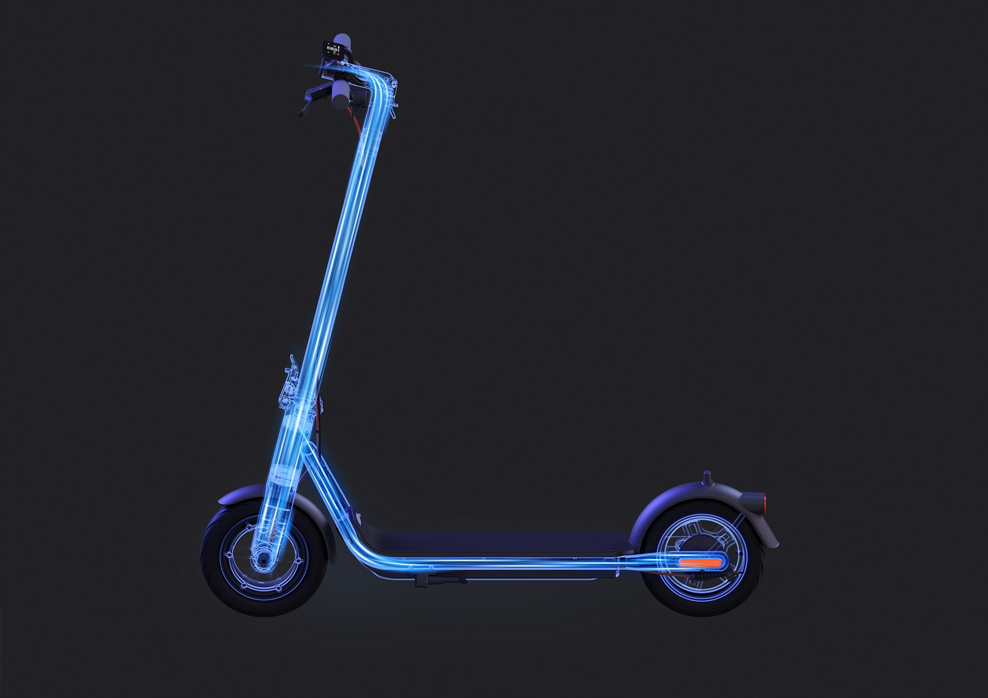 Hulajnoga elektryczna z niebieskim obrysem pokazującym jej wewnętrzną strukturę.