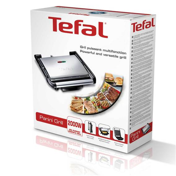 Caja blanca de la plancha para panini Tefal. La caja muestra la plancha y fotos de comida.