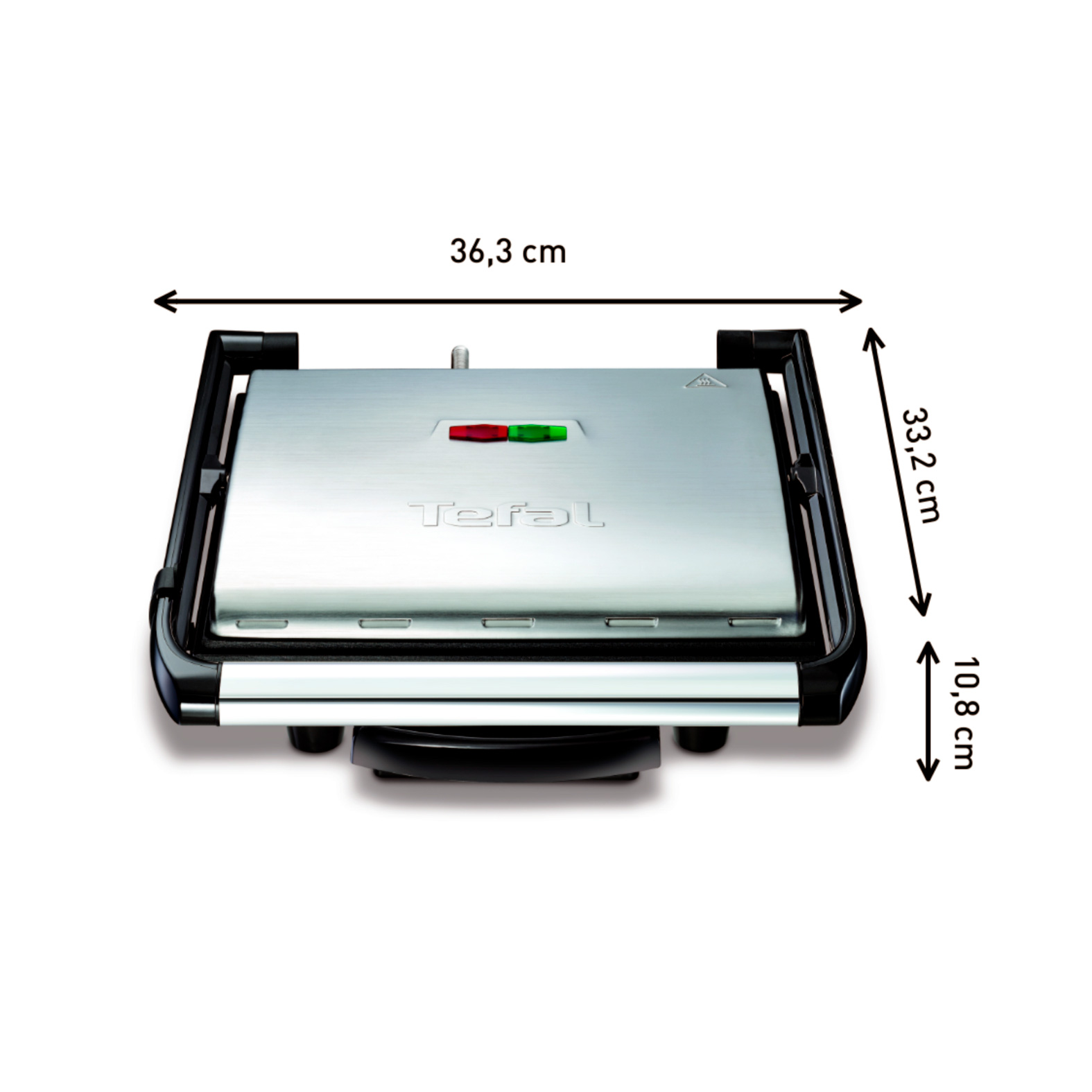 Parrilla Tefal plateada y negra, con dimensiones. Está abierta y lista para usar.