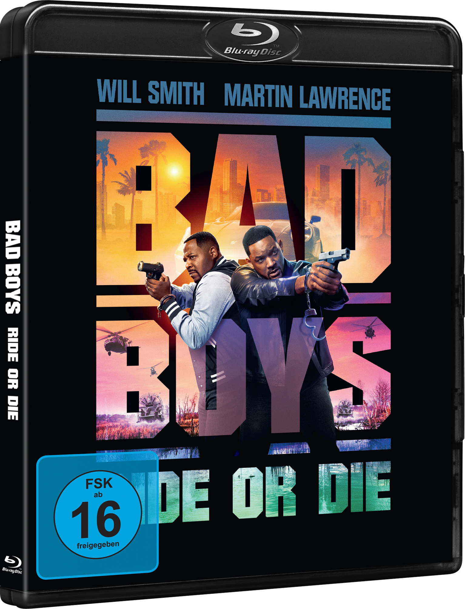 Filmcover für 'Bad Boys: Ride or Die'. Will Smith und Martin Lawrence mit Waffen, Actionszene und schwarzem Hintergrund.