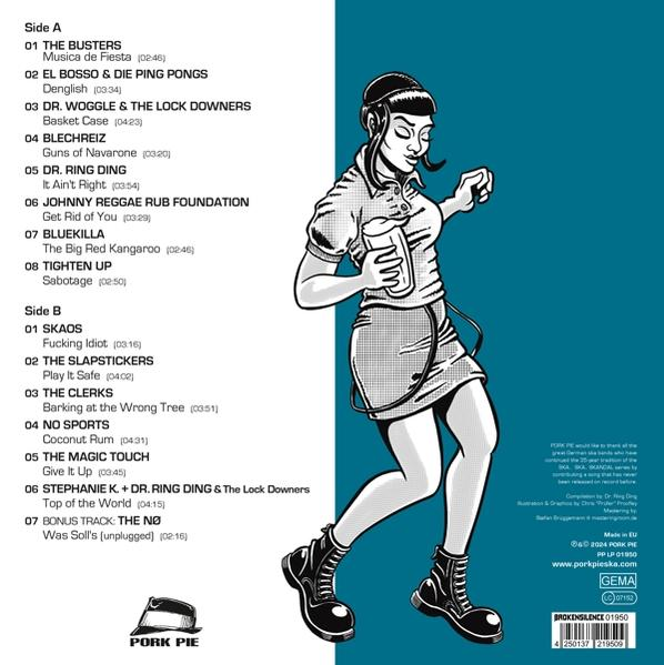 Ein Schallplattencover mit einer Cartoonzeichnung einer Frau, die ein Getränk hält und geht.