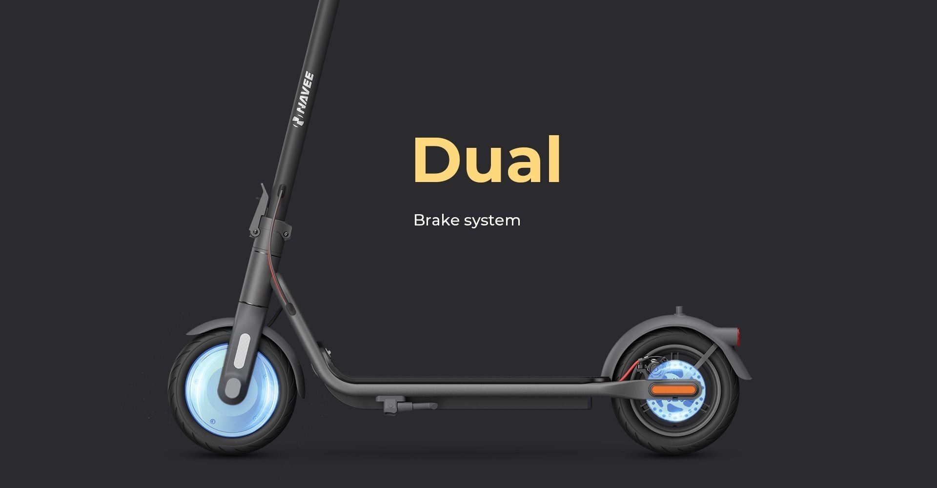 Czarno-szara hulajnoga elektryczna z niebieskimi światłami kół i napisem „Dual” na ramie.