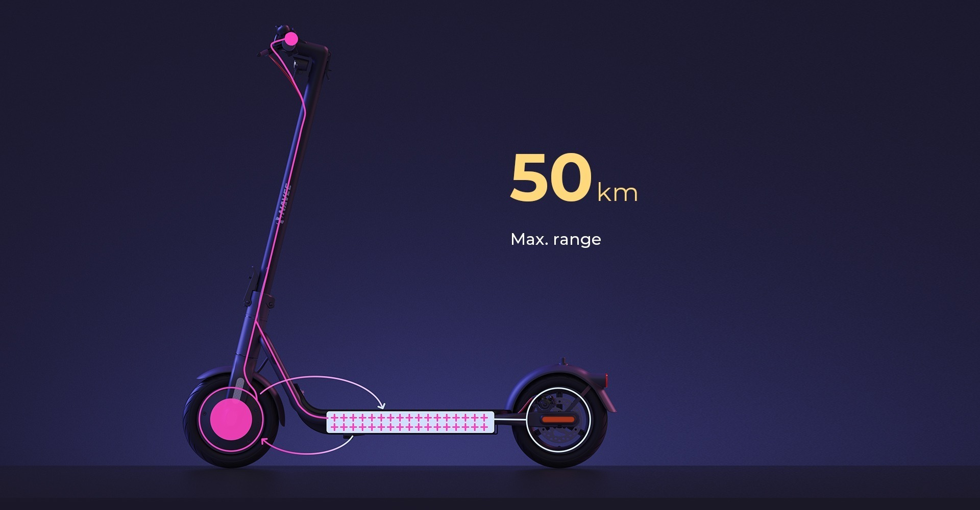 Hulajnoga elektryczna z diagramem baterii, zasięg max. 50 km.