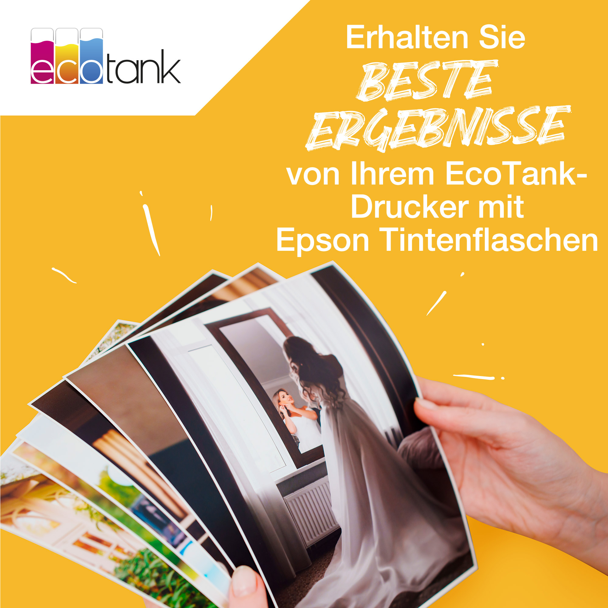 Hände halten Fotos mit gelbem Hintergrund und Text. Die Fotos zeigen ein Bild einer Braut.