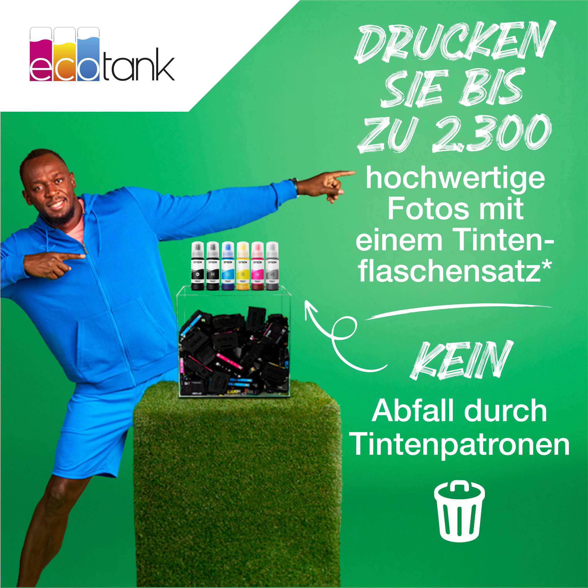 Mann zeigt auf farbige Tintenpatronen. Text auf Deutsch über das Drucken von Fotos mit Tinte.